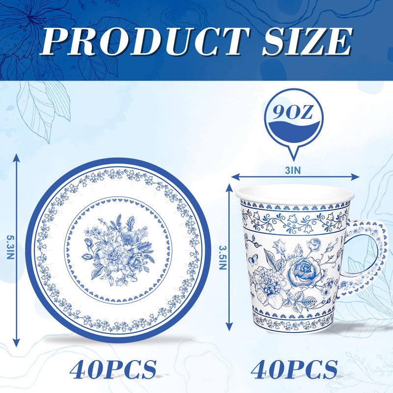 وولاين 80 قطعة من أكواب الشاي الورقية والصحون الورقية باللون الأزرق والأبيض من Whaline، زهرة صينية من البورسلين، سعة 9 أونصة، أكواب شاي للاستعمال مرة واحدة مع مقبض وأطباق حلوى لحفلات الزفاف والأميرة وحفلات الشاي الربيعية - Image 2